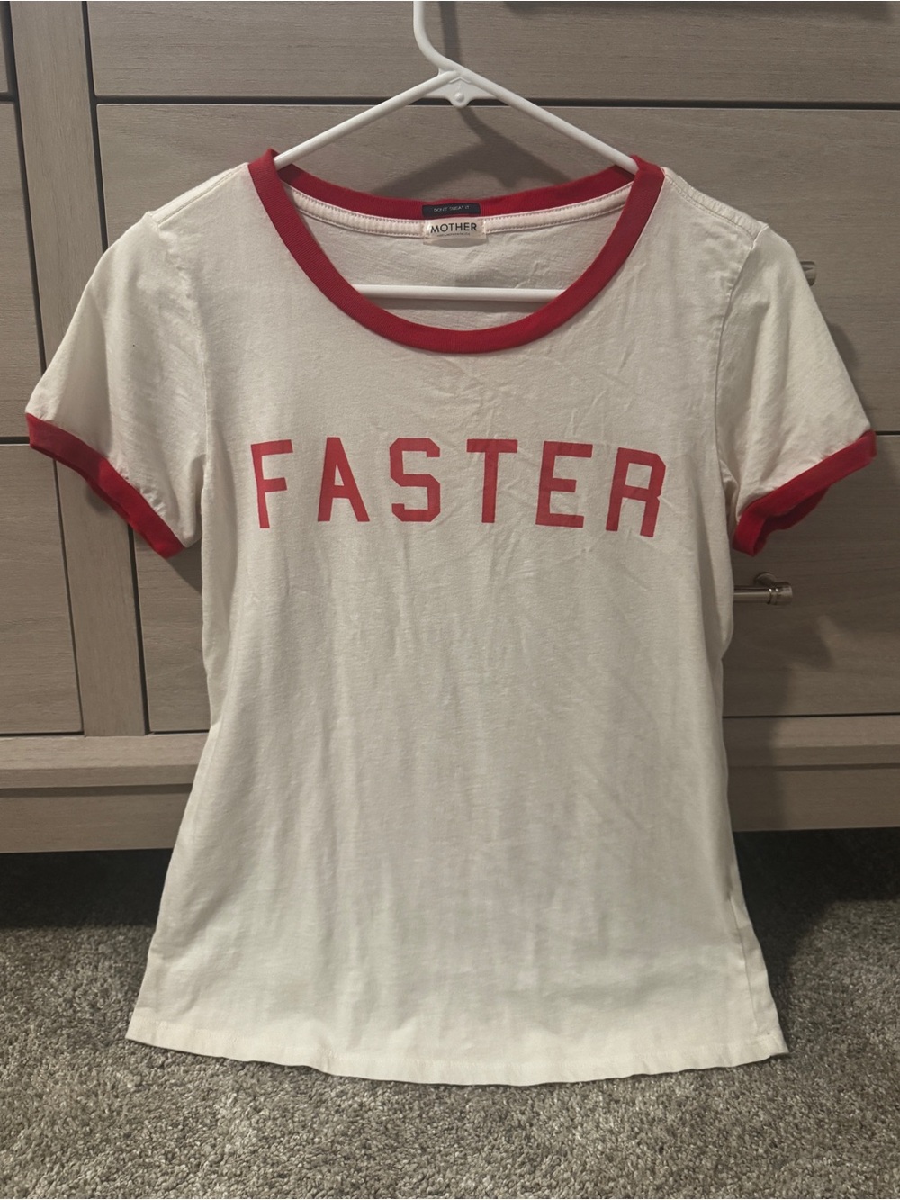 MOTHER White Tee with Red Ringer Trim and FASTER Graphic